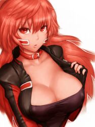  :o black_jacket breasts cleavage clothes_pull collar collarbone covered_nipples dancouga_(series) female fingerless_gloves fumio_(rsqkr) gloves hair_between_eyes hidaka_aoi jacket juusou_kikou_dancouga_nova large_breasts lips long_hair long_sleeves looking_at_viewer parted_lips pulling_own_clothes red_collar red_eyes red_hair simple_background solo upper_body white_background 