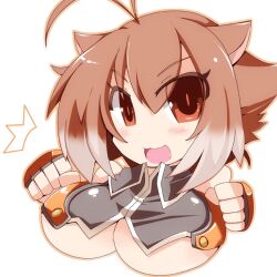  animal_ears antenna_hair blazblue breasts brown_eyes brown_hair commentary_request crop_top female fingerless_gloves gloves large_breasts makoto_nanaya shirogane_(platinum) short_hair solo squirrel_ears squirrel_girl underboob 