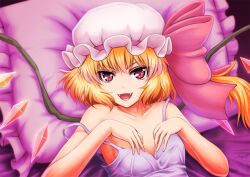  blonde_hair commentary_request dress fangs female flandre_scarlet frilled_pillow frills hands_on_own_chest hat hat_ribbon lying nazal nightgown on_back open_mouth photoshop_(medium) pillow purple_dress red_eyes ribbon side_ponytail smile solo strap_slip touhou wings 