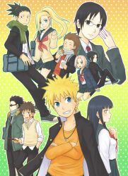  aburame_shino akimichi_chouji back-to-back black_hair blonde_hair blue_eyes earrings glasses green_eyes grin hair_ornament hairclip hyuuga_hinata ino_yamanaka inuzuka_kiba jewelry long_hair nara_shikamaru naruto naruto_shippuuden necklace pink_hair sai sakura_haruno scarf school_uniform sitting skirt smile teramoto teramoto_kei uchiha_sasuke uzumaki_naruto 