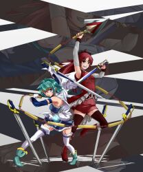  2girls arm_up armpits bad_id bad_pixiv_id black_legwear blue_eyes blue_hair boots borrowed_weapon bow cape chain_whip dress dual_wielding full_body gloves hair_ribbon highres holding hullzion knee_boots long_hair magical_girl mahou_shoujo_madoka_magica mahou_shoujo_madoka_magica_(anime) miki_sayaka miki_sayaka_(magical_girl) multiple_girls multiple_swords multiple_weapons planted planted_sword ponytail red_eyes red_hair ribbon sakura_kyoko sakura_kyoko_(magical_girl) shoes short_hair sword thighhighs thighhighs_under_boots weapon white_gloves white_legwear zoom_layer 