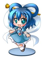  bad_id bad_pixiv_id belt blue_dress blue_eyes blue_hair blush chibi dress faux_figurine female flower hair_ornament hair_rings hair_stick kaku_seiga open_mouth shawl shinjitsu simple_background smile solo touhou vest white_background 