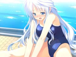  blue_eyes female game_cg long_hair nimura_yuuji nimura_yuushi one-piece_swimsuit oni_gokko oni_gokko! saionji_otome school_swimsuit solo swimsuit white_hair 