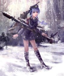  absurdres black_skirt blue_hair boots commentary_request cross female gun hat highres iron_cross military military_vehicle miniskirt motor_vehicle nazi original pencil_skirt photoshop_(medium) sigrunen skirt snow snowing solo swastika tank uniform weapon world_war_ii xiezhuyu 