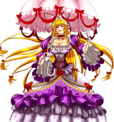  alternate_costume arm_up bad_id bad_pixiv_id blonde_hair breasts choker cleavage commentary_request corset dress embellished_costume female flower frills gap_(touhou) gloves hair_ribbon hat highres large_breasts long_hair parasol photoshop_(medium) purple_dress purple_eyes red_flower red_rose ribbon ribbon_choker rose smirk solo too_many too_many_frills touhou umbrella untue white_gloves wide_sleeves yakumo_yukari 