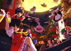  6+girls alcohol battle beer black_eyes black_hair blonde_hair blue_hair blush bottle broom broom_riding censored commentary_request detached_sleeves drunk flying food_stand full_moon geta grey_hair grin hakurei_reimu hat hinanawi_tenshi hitodama horns hoshiguma_yuugi identity_censor izayoi_sakuya kawashiro_nitori kirisame_marisa konpaku_youmu konpaku_youmu_(ghost) lantern luna_child market_stall mima_(touhou) moon multiple_girls mystia_lorelei nagae_iku nature nazrin night okamisty one_eye_closed palanquin_ship paper_lantern pink_hair red_eyes remilia_scarlet saigyouji_yuyuko sake shameimaru_aya short_hair single_horn smile sonjow4 stairs star_sapphire sunny_milk tengu-geta toasting_(gesture) torii touhou touhou_(pc-98) translated water waterfall witch_hat yakumo_yukari yatai 