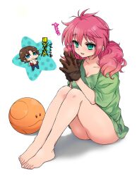  1boy :3 aqua_eyes barefoot bottomless breasts chibi commentary_request feet feldt_grace female gloves gundam gundam_00 haro legs lockon_stratos long_hair naked_shirt neil_dylandy oversized_clothes pink_hair plum_(arch) shirt simple_background sitting small_breasts smile t-shirt toes twintails 