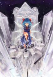  absurdres blue_dress blue_eyes blue_hair bow cirno commentary_request dress female hairbow highres ice ice_wings mary_janes mizore_akihiro photoshop_(medium) shoes sitting smile socks solo throne touhou wings 