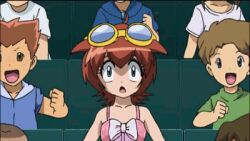  amano_madoka animated animated animated beyblade bikini brown_hair cap embarrassed goggles innertube lolicon lowres public screencap swimsuit thighhighs 