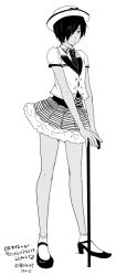  1boy black_hair cane crossdressing dark_skin full_body hair_over_one_eye hat ikezawa_kazuma kintsuku male male_focus mary_janes monochrome necktie shoes short_hair skirt solo summer_wars tan trap tsukuru_(seki_sabato) 