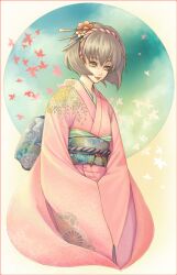  brown_eyes brown_hair commentary_request female floral_print flower gensou_suikoden gensou_suikoden_ii hair_flower hair_ornament hairband japanese_clothes kimono leaf nanami_(suikoden) pink_kimono print_kimono short_hair smile solo susumu_akira yukata 