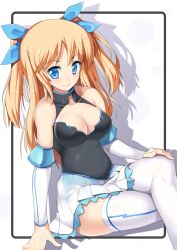  aizawa_hikaru bare_shoulders blonde_hair blue_eyes breasts cleavage commentary_request elbow_gloves female gloves long_hair medium_breasts microsoft nagase_haruhito silverlight smile solo thighhighs white_thighhighs zettai_ryouiki 