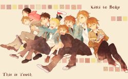  2girls 6+boys :d akira_(kimi_to_boku) asaba_yuuki asaba_yuuta azuma_kouichi bad_id bad_pixiv_id black_hair black_pants blazer blonde_hair blue_jacket brothers brown_eyes brown_footwear brown_hair brown_sweater closed_eyes closed_mouth collared_shirt copyright_name everyone glasses highres hood hood_down hoodie jacket kimi_to_boku loafers long_hair magazine_(object) matsuoka_shun multiple_boys multiple_girls ono_(0_no) open_clothes open_jacket open_mouth pants reading red_footwear satou_masaki_(kimi_to_boku) school_uniform shirt shoes short_hair siblings sitting smile sneakers sweatdrop sweater tachibana_chizuru_(kimi_to_boku) tsukahara_kaname twins white_shirt wing_collar 