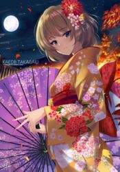  blue_eyes blush brown_hair character_name commentary falling_leaves female floral_print flower fukai_ryosuke full_moon green_eyes hair_flower hair_ornament heterochromia idolmaster idolmaster_cinderella_girls japanese_clothes kimono leaf looking_at_viewer looking_to_the_side mole mole_under_eye moon night obi outdoors parasol red_sash sash short_hair smile solo takagaki_kaede tree umbrella wide_sleeves wind yellow_kimono yoi_otome_(idolmaster) 