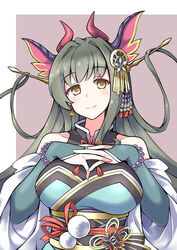  bare_shoulders bead_bracelet beads blush bracelet breast_suppress breasts bridal_gauntlets brown_eyes commentary demon_girl demon_horns earrings female flan_(zhd91) green_hair hair_ornament head_tilt highres horns interlocked_fingers japanese_clothes jewelry kimono long_hair looking_at_viewer obi oichi_(p&amp;d) photoshop_(medium) puzzle_&amp;_dragons sash solo 