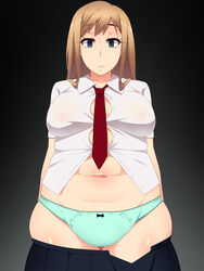  aqua_panties breasts brown_hair bursting_breasts button_gap clothes_pull commentary_request cowboy_shot female grey_eyes hayashi_custom highres large_breasts looking_at_viewer navel necktie original panties photoshop_(medium) pleated_skirt plump sachiko_(hayashi_custom) shirt skirt skirt_pull solo undersized_clothes underwear 