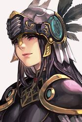  armor black_armor black_hair breastplate feathers female from_side helmet hrist_valkyrie hungry_clicker long_hair looking_away orange_eyes pauldrons shoulder_armor smile solo valkyrie valkyrie_profile_(series) white_background 