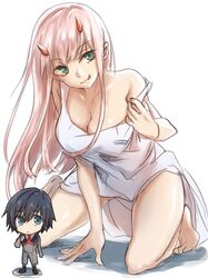  1boy bare_arms bare_shoulders barefoot black_hair blue_eyes breasts brown_footwear character_doll cleavage collarbone commentary_request couple darling_in_the_franxx female green_eyes hair_ornament hairband herozu_(xxhrd) hiro_(darling_in_the_franxx) horns kneeling large_breasts lipstick long_hair long_sleeves looking_at_viewer makeup military military_uniform necktie nightgown oni_horns pink_hair red_horns red_necktie shoes sleeveless socks straight strap_slip thighs tongue tongue_out uniform white_hairband white_nightgown zero_two_(darling_in_the_franxx) 