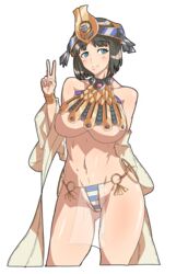  absurdres ancient_princess_menace ass_visible_through_thighs bad_id bad_pixiv_id bare_shoulders black_hair blue_eyes blush bracelet breasts commentary_request cowboy_shot cropped_legs crown detached_sleeves female goniataito highres jewelry large_breasts looking_away menace_(queen&#039;s_blade) navel o-ring o-ring_bottom o-ring_panties panties queen&#039;s_blade revealing_clothes short_hair side-tie_panties smile solo striped_clothes striped_panties underboob underwear v white_background wide_sleeves 