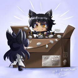  2girls black_hair blake_belladonna bow box cat_ears chibi kali_belladonna multiple_girls rwby 