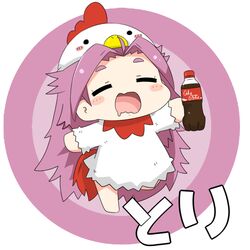  bottle chicken_costume chicken_hat chinese_zodiac closed_eyes coca-cola commentary_request drooling female holding holding_bottle jun&#039;you_(kancolle) kantai_collection lowres open_mouth parted_bangs purple_hair simple_background solo spiked_hair translated year_of_the_rooster yuureidoushi_(yuurei6214) 