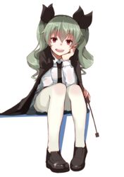  anchovy_(girls_und_panzer) anzio_school_uniform blush brown_eyes cape commentary_request drill_hair female girls_und_panzer green_hair hair_ribbon hand_on_own_chin head_rest highres loafers long_hair long_sleeves looking_at_viewer mugcup necktie open_mouth pantyhose ribbon riding_crop school_uniform shirt shoes sitting skirt smile solo twin_drills twintails white_pantyhose white_shirt 