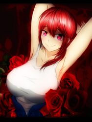  amarylith armpits arms_behind_back asymmetrical_hair breasts eyebrows_visible_through_hair floral_background flower heart heart-shaped_pupils highres hiyama_akane_(renai_boukun) large_breasts looking_at_viewer red_eyes red_hair ren&#039;ai_boukun rose shaded_face smile solo symbol-shaped_pupils tank_top upper_body 