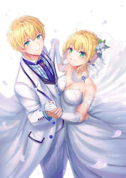  1boy ahoge alternate_breast_size arthur_pendragon_(fate) arthur_pendragon_(white_rose)_(fate) artoria_pendragon_(fate) bad_id bad_pixiv_id bare_shoulders bead_necklace beads blonde_hair blue_necktie blue_shirt braid braided_bun breasts buttoned_cuffs buttons cleavage closed_mouth collarbone collared_shirt cross dancing dress dual_persona earrings fate/grand_order fate/prototype fate/stay_night fate_(series) female flower formal from_above from_side gloves green_eyes grin hair_between_eyes hair_bun hair_flower hair_ornament hair_ribbon highres holding_hands interlocked_fingers jacket jewelry light_particles long_dress long_sleeves looking_at_viewer looking_to_the_side medium_breasts necklace necktie official_alternate_costume open_clothes open_jacket pants petals photoshop_(medium) pocket print_dress print_gloves revision ribbon saber_(avalon_celebrate)_(fate) saber_(fate) see-through seungju_lee shirt short_hair sidelocks simple_background smile strapless strapless_dress striped_clothes striped_shirt suit tie_clip waistcoat white_background white_dress white_flower white_gloves white_jacket white_pants white_ribbon white_shirt white_suit wind wind_lift 