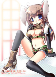  animal_ears bad_id bad_pixiv_id black_legwear blue_eyes boots breasts brown_hair copyright_name female hunter_(ragnarok_online) large_breasts long_hair midriff navel rabbit_ears ragnarok_online shy solo yoroi_nau 