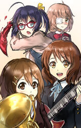  4girls ahoge blood blood_sword blue_eyes blush bob_cut bow brown_eyes brown_hair cardigan chuunibyou_demo_koi_ga_shitai! commentary_request company_connection cosplay costume_switch crossover euphonium eyepatch glasses guitar hair_ornament hair_ribbon hairclip hemokinesis hibike!_euphonium highres hirasawa_yui hirasawa_yui_(cosplay) icho_private_high_school_uniform instrument k-on! kuriyama_mirai kuriyama_mirai_(cosplay) kyoto_animation kyoukai_no_kanata long_sleeves looking_at_viewer medical_eyepatch multiple_crossover multiple_girls one_side_up open_mouth oumae_kumiko oumae_kumiko_(cosplay) photoshop_(medium) pink_hair red-framed_eyewear ribbon sakuragaoka_high_school_uniform school_uniform serafuku short_hair smile sword takanashi_rikka takanashi_rikka_(cosplay) ttc wavy_hair weapon winter_uniform yellow_eyes 