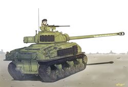  artist_name blue_eyes brown_hair commentary_request female hat headphones m4_sherman military military_vehicle motor_vehicle original ponytail selby sherman_firefly tank 