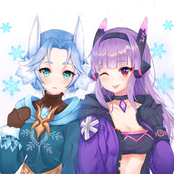  2girls absurdres animal_ear_fluff animal_ears bad_id bad_pixiv_id bandeau black_choker black_hairband black_mittens blue_hair blue_jacket blush breasts brooch brown_mittens brown_sweater challenger_dominiel choker cleavage closed_mouth collarbone commentary_request crop_top dominiel_nixied dual_persona epic_seven hairband hand_up head_tilt headgear highres hood hooded_jacket jacket jewelry lebring long_hair long_sleeves looking_at_viewer medium_breasts mittens multiple_girls one_eye_closed open_clothes open_jacket parted_bangs parted_lips photoshop_(medium) purple_hair purple_jacket ribbed_sweater short_hair side-by-side sidelocks smile snowflakes stomach sweater tongue tongue_out turtleneck turtleneck_sweater upper_body white_background zipper 