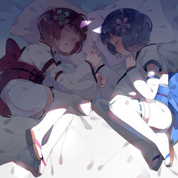  2girls aged_down bed_sheet blue_hair blush bow closed_eyes commentary_request detached_sleeves full_body hair_ornament holding_hands japanese_clothes lolicon luo. lying multiple_girls on_bed on_side open_mouth pillow pink_hair ram_(re:zero) re:zero_kara_hajimeru_isekai_seikatsu rem_(re:zero) ribbon-trimmed_legwear ribbon_trim shadow short_hair siblings sisters sleeping thighhighs twins white_legwear x_hair_ornament 