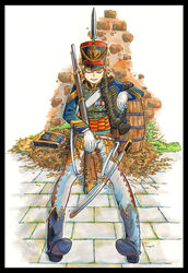  against_wall antique_firearm barrel belt black_border black_footwear blonde_hair blue_jacket boots border commentary_request elbow_rest epaulettes female firelock flintlock fur_trim gloves gun gun_sling hat highres hussar jacket marker_(medium) medal military military_uniform millipen_(medium) musket nagato_mikasa original pants pelisse photoshop_(medium) saber_(weapon) sanpaku scar scar_on_cheek scar_on_face shako_cap sheath sheathed short_hair shoulder_strap sitting solo sword traditional_media uniform weapon white_gloves white_pants yellow_eyes 