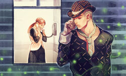  1boy aqua_necktie arm_at_side black_dress bowler_hat brown_hair buzz_cut cable cellphone closed_eyes closed_mouth commentary_request corded_phone dead_man&#039;s_questions dress female fireflies from_outside gloves grey_hair happy hat holding jojo_no_kimyou_na_bouken kawajiri_shinobu kira_yoshikage long_hair long_sleeves low_ponytail necktie phone photoshop_(medium) ponytail short_hair smile talking_on_phone uko_(moi08) very_short_hair vest window 