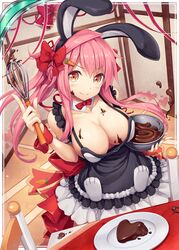  akkijin animal_ears apron blush breasts candy card_(medium) carrot chocolate cleavage dessert female food fortuna_(shinkai_no_valkyrie) hair_ornament hair_ribbon heart heart-shaped_cake heart-shaped_chocolate heart-shaped_food large_breasts long_hair looking_at_viewer maid maid_apron official_art orange_eyes pink_hair rabbit_ears rabbit_paws ribbon shinkai_no_valkyrie smile solo valentine 