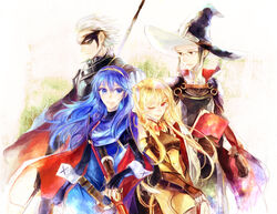  2boys 2girls armor bad_id bad_pixiv_id black_hair blonde_hair blue_eyes blue_hair cape falchion_(fire_emblem) fingerless_gloves fire_emblem fire_emblem_awakening gerome_(fire_emblem) glasses gloves kuzumosu laurent_(fire_emblem) long_hair lucina_(fire_emblem) mask multiple_boys multiple_girls open_mouth severa_(fire_emblem) short_hair smile sword tiara twintails weapon white_hair 