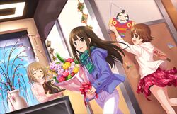  3girls :d birthday blue_coat blue_eyes bouquet box brown_eyes brown_hair closed_eyes clothes_around_waist coat flower flower_request hair_flower hair_ornament happy_birthday happy_new_yeah!_(idolmaster) highres holding holding_bouquet holding_box honda_mio hood hoodie idolmaster idolmaster_cinderella_girls idolmaster_cinderella_girls_starlight_stage jacket jacket_around_waist kite looking_at_viewer mimura_kanako multiple_girls official_art oncidium open_mouth pants pink_flower red_flower red_rose ribbed_sweater rose scarf shibuya_rin shorts smile sweater vase walking white_flower white_hoodie white_pants yellow_flower 