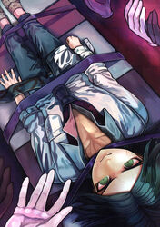  1boy ahoge alternate_universe bad_end bed bed_straps black_hair blue_eyes clenched_hand danganronpa/zero danganronpa_(series) hands highres lying male_focus matsuda_yasuke necktie non-web_source open_clothes open_shirt orima out_of_frame photoshop_(medium) sandals scan school_uniform shirt sweatdrop upside-down 