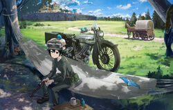  androgynous animal animal_on_head ari_hinoko belt bird bird_on_head black_eyes black_hair boots brough_superior closed_mouth collared_shirt colt_1851_navy commentary cup day female goggles goggles_on_headwear grass green_jacket green_pants gun hammock handgun hat hermes_(kino_no_tabi) highres holding holding_gun holding_weapon horse jacket kino_(kino_no_tabi) kino_no_tabi long_sleeves motor_vehicle motorcycle on_head outdoors pants pouch reverse_trap revolver shirt short_hair sitting snake solo steam tomboy tree wagon weapon white_shirt 