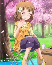  ^_^ blush brown_hair cherry_blossoms chopsticks chopsticks_in_mouth closed_eyes female flower food grass hair_flower hair_ornament hanami idolmaster idolmaster_million_live! inarizushi makizushi official_art outdoors petals short_hair suou_momoko sushi tree 