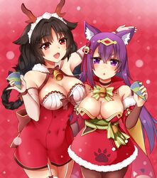  2girls :d ako_suke animal_ear_fluff animal_ears azur_lane bare_shoulders bell blush braid braided_hair_rings breasts brown_hair brown_pantyhose checkered_background christmas cleavage commentary_request dress ears_down elbow_gloves fake_antlers fox_ears fur_trim gloves hair_ornament hair_rings long_hair multiple_girls oerba_yun_fang official_alternate_costume ooshio_(azur_lane) ooshio_(the_reindeer&#039;s_present)_(azur_lane) open_mouth pantyhose party_popper paw_print pinky_out purple_eyes purple_hair red_background red_eyes short_dress simple_background smile thighhighs twin_braids urakaze_(azur_lane) urakaze_(seasonal_shogun)_(azur_lane) very_long_hair white_thighhighs 