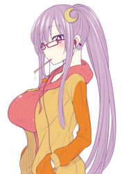  alternate_costume alternate_hairstyle bespectacled blush breasts casual commentary_request contemporary crescent crescent_hair_ornament earphones female from_side glasses hair_ornament hands_in_pockets high_ponytail hood hood_down hoodie jacket large_breasts long_hair long_sleeves mouth_hold no_headwear patchouli_knowledge ponytail popsicle_stick purple_eyes purple_hair red-framed_eyewear shirokuma_(nankyoku) sidelocks simple_background solo sweater touhou very_long_hair white_background 