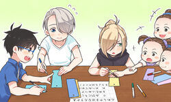  3boys 3girls black_hair blonde_hair blue-framed_eyewear blue_eyes blue_scrunchie blush_stickers brown_eyes brown_hair commentary_request glasses green_eyes grey_hair hair_bun hair_ornament hair_over_one_eye hair_scrunchie jewelry katsuki_yuuri marker multiple_boys multiple_girls nishigoori_axel nishigoori_loop nishigoori_lutz pointing purple_scrunchie ring ruei_(chicking) scrunchie single_hair_bun sitting smile table tanabata tanzaku twintails viktor_nikiforov writing yuri!!!_on_ice yuri_plisetsky 