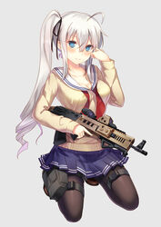  assault_rifle black_pantyhose blue_eyes breasts bullpup cleavage commentary_request female gun highres holding holding_gun holding_weapon holster ldfe_mk2 long_hair medium_breasts original pantyhose photoshop_(medium) rifle school_uniform serafuku side_ponytail silver_hair smile solo thigh_holster trigger_discipline weapon 