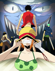  5boys arlong bandages black_hair blonde_hair blood blue_skin breasts cleavage clenched_teeth collarbone colored_skin commentary_request crying female fish_boy fur_trim green_hair hat katana kyakya monkey_d._luffy multiple_boys nami_(one_piece) one_piece orange_hair photoshop_(medium) roronoa_zoro sanji_(one_piece) shadow sharp_teeth sheath sheathed short_hair shoulder_blades sleeveless slingshot_(weapon) slit_pupils smile smoking straw_hat sword tears teeth usopp weapon 