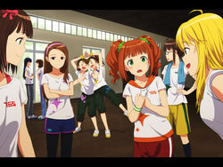  &gt;_&lt; 6+girls ahoge akizuki_ritsuko amami_haruka antenna_hair blonde_hair blue_hair brown_eyes brown_hair closed_eyes commentary_request crossed_arms futami_ami futami_mami glasses green_eyes hagiwara_yukiho hair_ribbon hairband heart hoshii_miki idolmaster idolmaster_(classic) kisaragi_chihaya minase_iori multiple_girls open_mouth orange_hair pantyhose ponytail ribbon siblings side_ponytail sisters star_(symbol) takatsuki_yayoi tonkotsu_kurage towel twins twintails wristband 