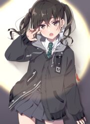  :o black_hair black_jacket black_skirt brown_eyes buttons collared_shirt commentary_request cowboy_shot drawstring dress_shirt female floating_hair green_necktie hair_between_eyes hand_up head_tilt hood hood_down hooded_jacket idolmaster idolmaster_cinderella_girls jacket legs_apart long_hair long_sleeves looking_at_viewer mask mask_around_one_ear miniskirt mole mole_under_eye mouth_mask necktie open_mouth partially_unbuttoned pleated_skirt polka_dot polka_dot_necktie riku_(melty_drop) sanpaku school_uniform sharp_teeth shirt sidelocks skirt sleeves_past_wrists solo spotlight standing sunazuka_akira surgical_mask teeth twintails white_shirt 