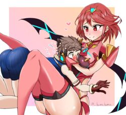  1boy blush breasts brown_hair female homura_(xenoblade_2) nintendo red_hair rex_(xenoblade_2) xenoblade xenoblade_2 