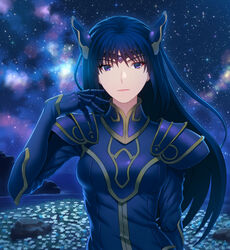  armor bad_id bad_pixiv_id breasts circlet closed_mouth commentary_request fateline_alpha female field flower flower_field gauntlets gloves hand_up highres horizon long_hair looking_at_viewer meadow medium_breasts milky_way night night_sky ocean outdoors pauldrons purple_eyes purple_gloves purple_hair rock rose_(dragoon) shoulder_armor sky solo star_(sky) starry_sky the_legend_of_dragoon upper_body water 